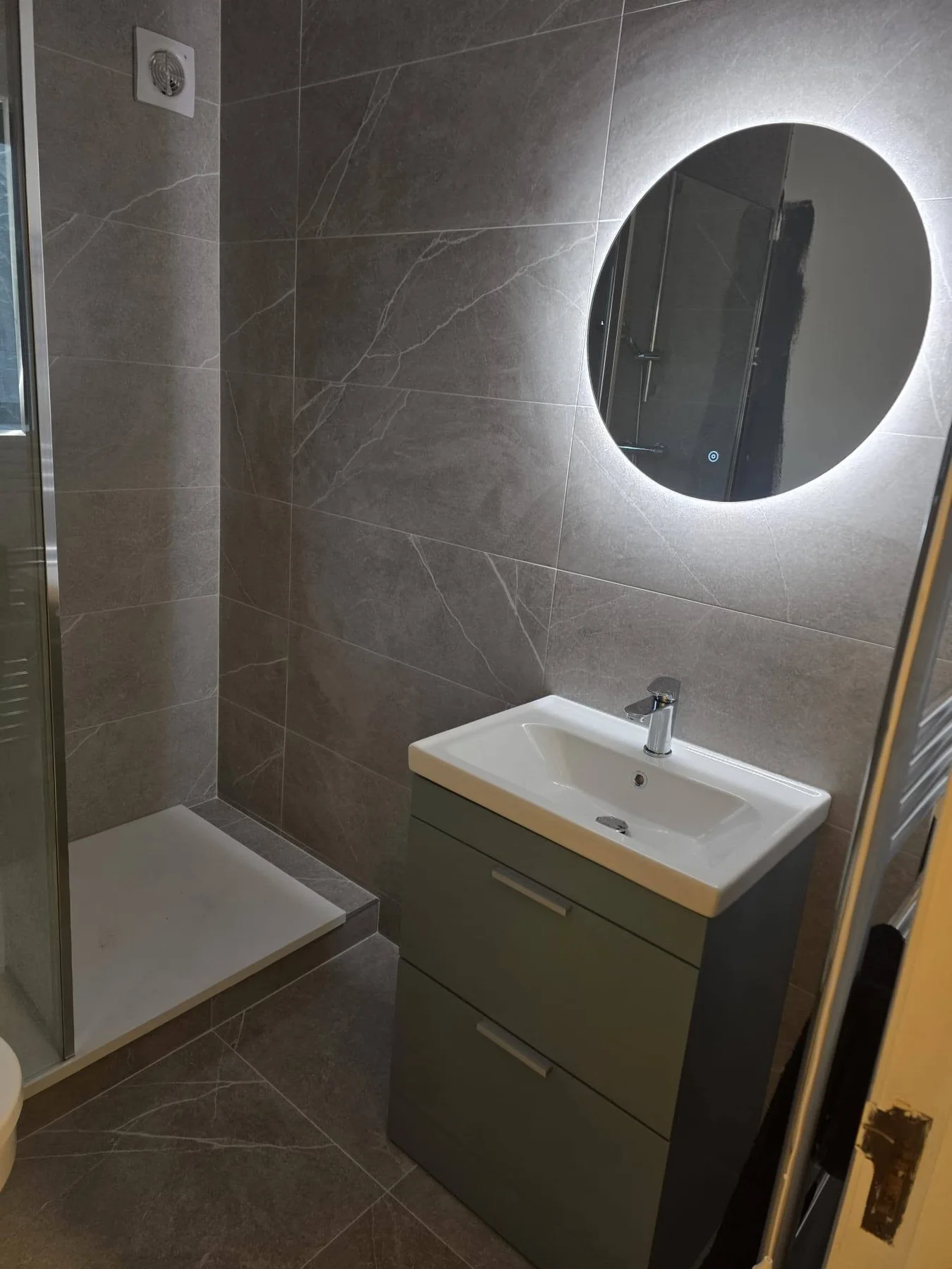 Completed bathroom photograph 1 of Grey Marble-Effect Walk-In Bathroom